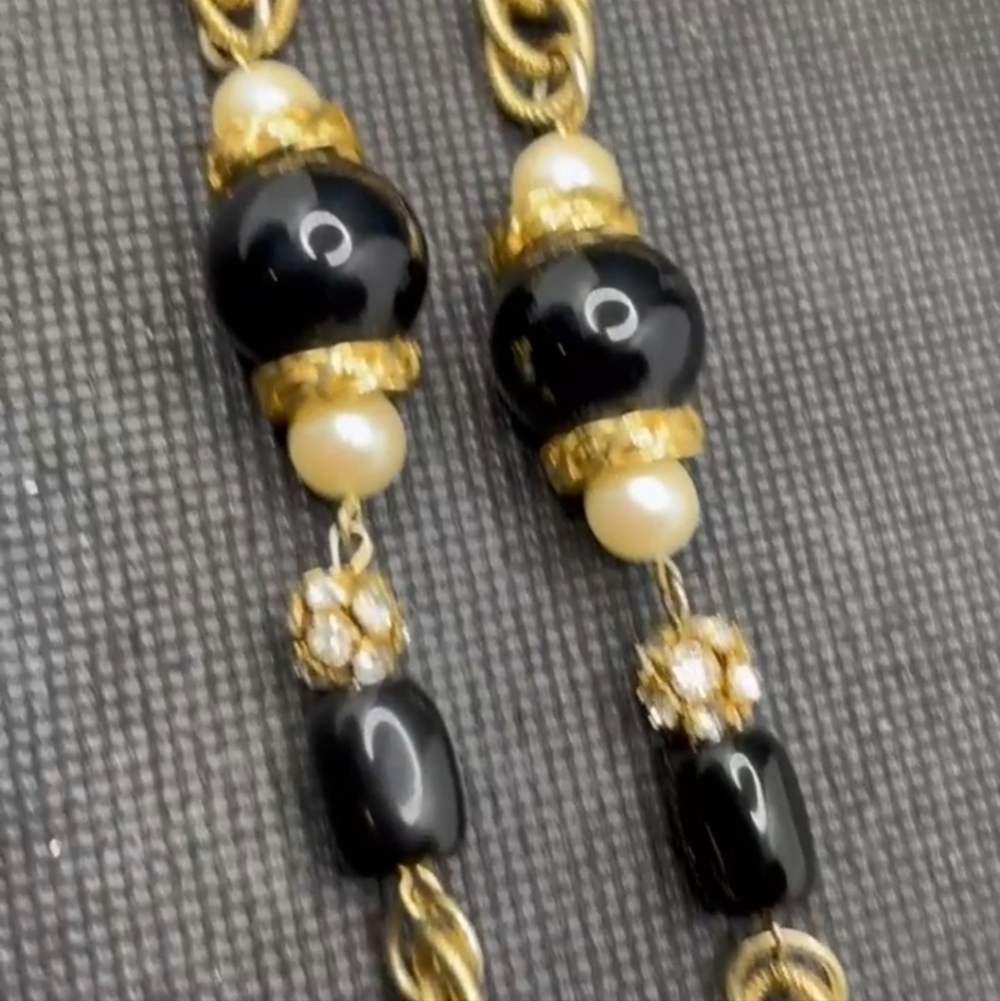 Vintage Gold Tone Faux Pearls Black Balls Rhinestones Chain Necklace - Picture 6 of 7